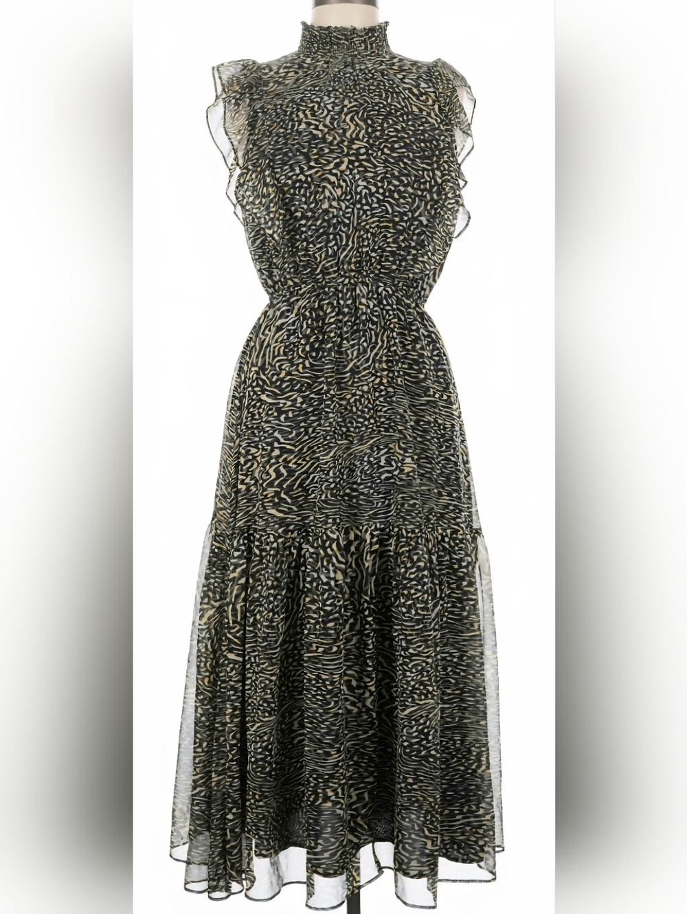 Steve Madden Black & Yellow Abstract Print Tiered Maxi Dress Ruffle Mock‎ Neck S